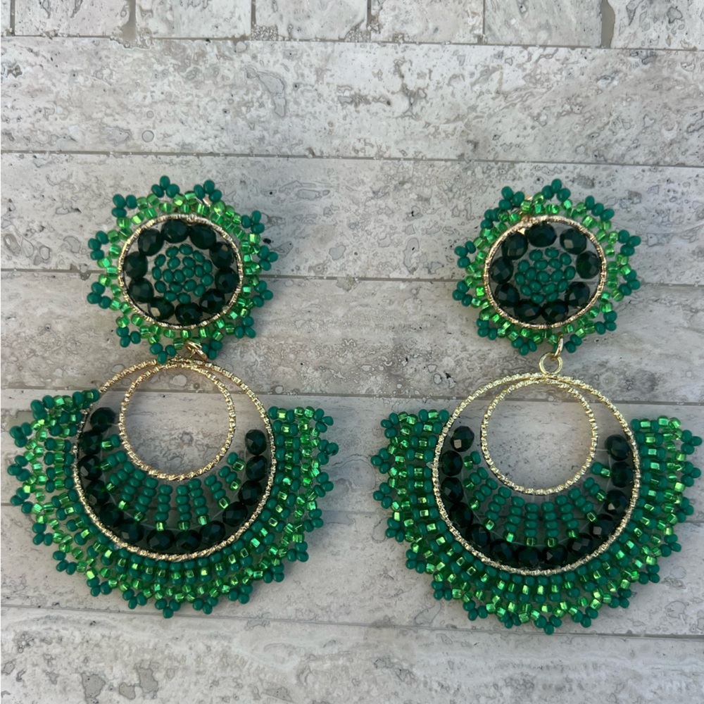 Handmade Colombian green Beaded Statement Earrings - Light Weight!